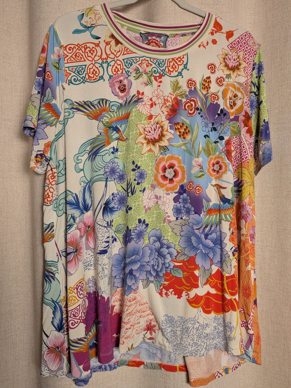 Johnny Was Floral Bird Patchwork Boho Tunic Top 1X